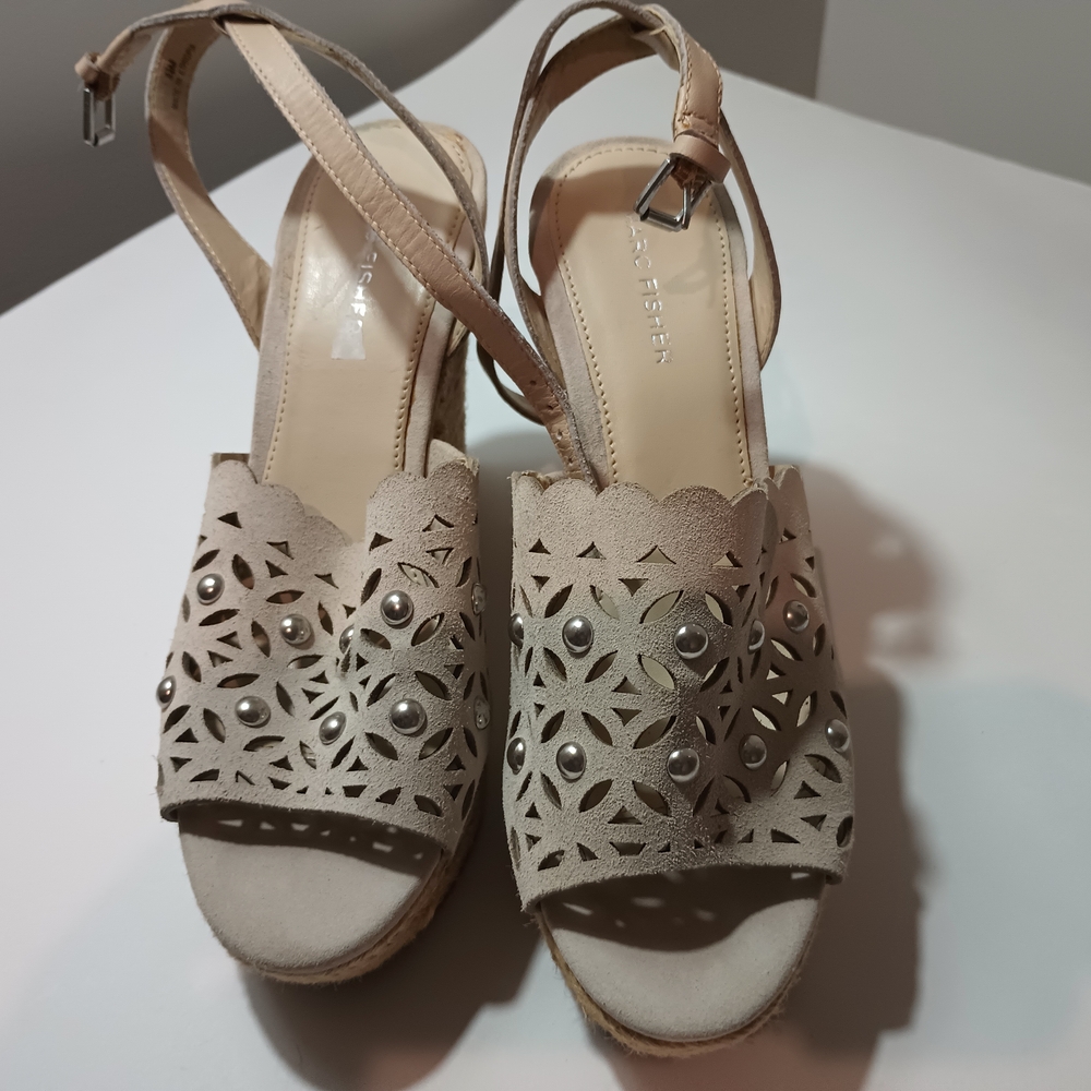 Marc Fisher Tan Laser-Cut Wedges with Pearl Accents